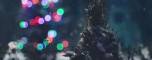 Preview wallpaper tree, snow, lights, glare, night