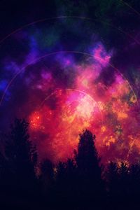 Preview wallpaper tree, starry sky, colorful, bright, outlines