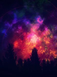 Preview wallpaper tree, starry sky, colorful, bright, outlines