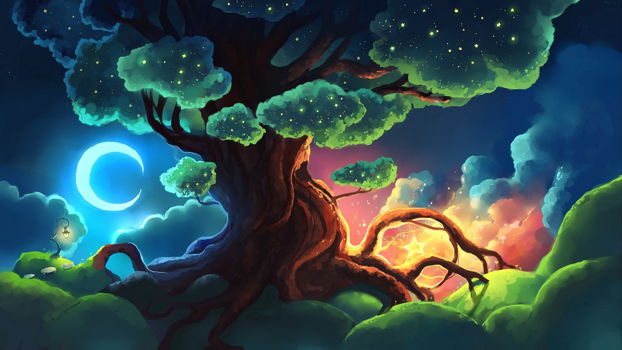 Wallpaper tree, stars, glow, night, art