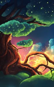 Preview wallpaper tree, stars, glow, night, art