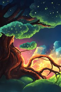 Preview wallpaper tree, stars, glow, night, art