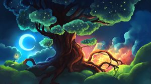 Preview wallpaper tree, stars, glow, night, art
