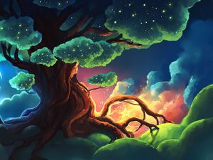 Preview wallpaper tree, stars, glow, night, art