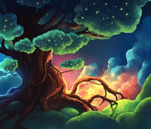 Preview wallpaper tree, stars, glow, night, art