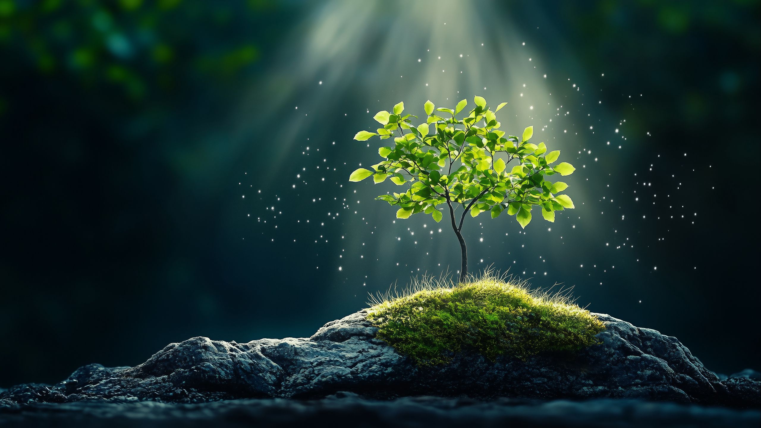 2560x1440 Wallpaper tree, stones, light, shine, nature