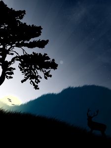 Preview wallpaper tree, sun, beams, grass, deer