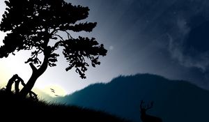 Preview wallpaper tree, sun, beams, grass, deer