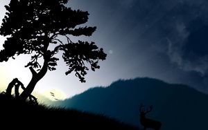 Preview wallpaper tree, sun, beams, grass, deer