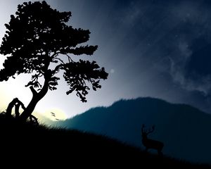 Preview wallpaper tree, sun, beams, grass, deer