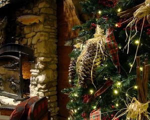 Preview wallpaper tree, toys, christmas garland, christmas, holiday, fireplace, cones, comfort