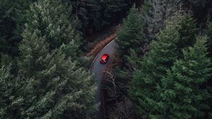 Preview wallpaper trees, aerial view, car, forest, fog