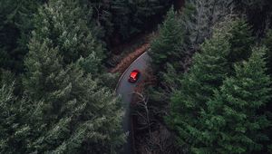 Preview wallpaper trees, aerial view, car, forest, fog