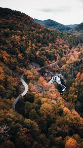 Preview wallpaper trees, aerial view, road, autumn, mountains