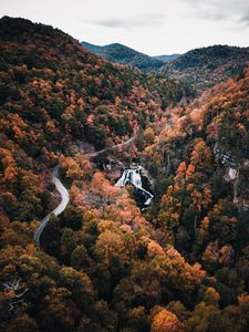 Preview wallpaper trees, aerial view, road, autumn, mountains