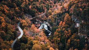 Preview wallpaper trees, aerial view, road, autumn, mountains