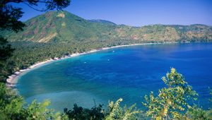 Preview wallpaper trees, asia, coast, mountains, blue water