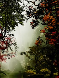 Preview wallpaper trees, autumn, fog, art, rocks