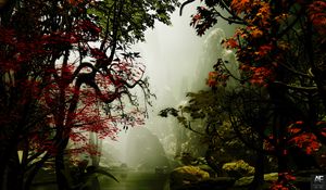 Preview wallpaper trees, autumn, fog, art, rocks
