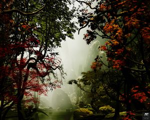 Preview wallpaper trees, autumn, fog, art, rocks