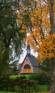 Preview wallpaper trees, autumn, house, tower, lawn