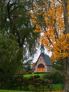 Preview wallpaper trees, autumn, house, tower, lawn