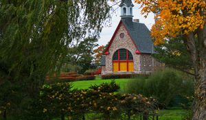 Preview wallpaper trees, autumn, house, tower, lawn
