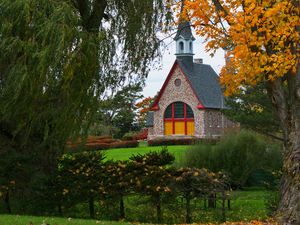 Preview wallpaper trees, autumn, house, tower, lawn