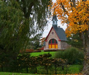 Preview wallpaper trees, autumn, house, tower, lawn