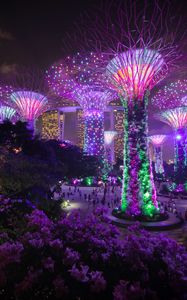 Preview wallpaper trees, backlight, decoration, city, architecture