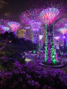 Preview wallpaper trees, backlight, decoration, city, architecture