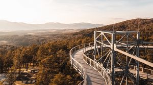 Preview wallpaper trees, bridge, mountains, distance, landscape