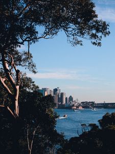 Preview wallpaper trees, buildings, city, river, boats, sky