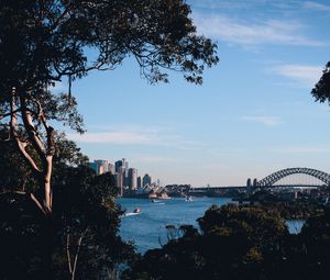 Preview wallpaper trees, buildings, city, river, boats, sky