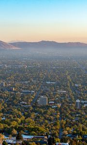 Preview wallpaper trees, buildings, mountains, view