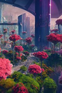 Preview wallpaper trees, buildings, road, art