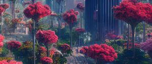 Preview wallpaper trees, buildings, road, art