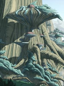 Preview wallpaper trees, buildings, sci-fi, landscape, fantasy, art