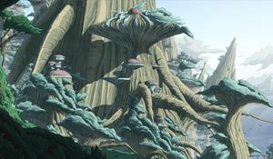 Preview wallpaper trees, buildings, sci-fi, landscape, fantasy, art