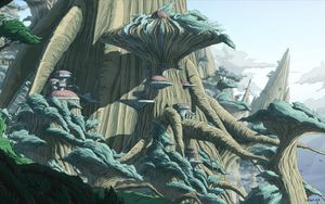 Preview wallpaper trees, buildings, sci-fi, landscape, fantasy, art