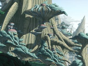 Preview wallpaper trees, buildings, sci-fi, landscape, fantasy, art