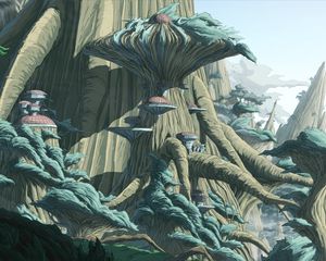 Preview wallpaper trees, buildings, sci-fi, landscape, fantasy, art