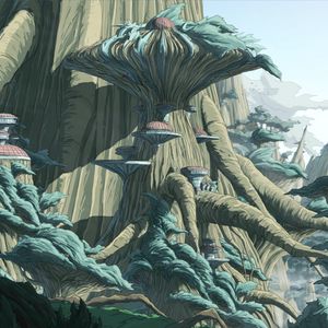 Preview wallpaper trees, buildings, sci-fi, landscape, fantasy, art