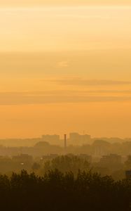 Preview wallpaper trees, buildings, tower, silhouettes, fog, sunrise