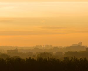 Preview wallpaper trees, buildings, tower, silhouettes, fog, sunrise