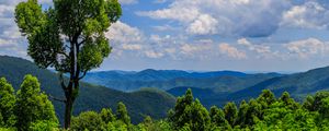 Preview wallpaper trees, bushes, grass, mountains, clouds, sky, landscape