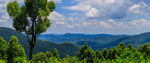 Preview wallpaper trees, bushes, grass, mountains, clouds, sky, landscape