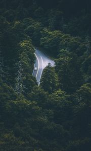 Preview wallpaper trees, car, road, aerial view, movement