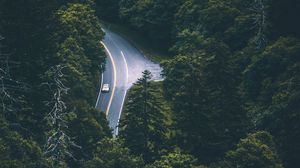 Preview wallpaper trees, car, road, aerial view, movement