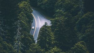Preview wallpaper trees, car, road, aerial view, movement